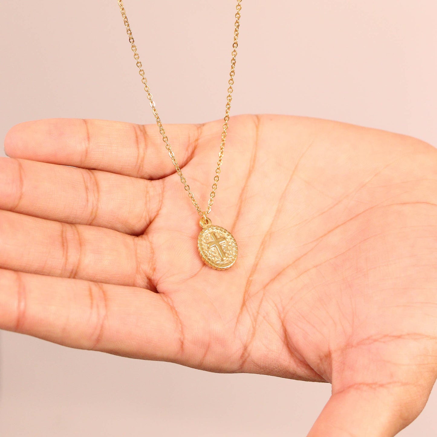 18K Gold PVD Stainless Steel Textured Medallion Cross Charm