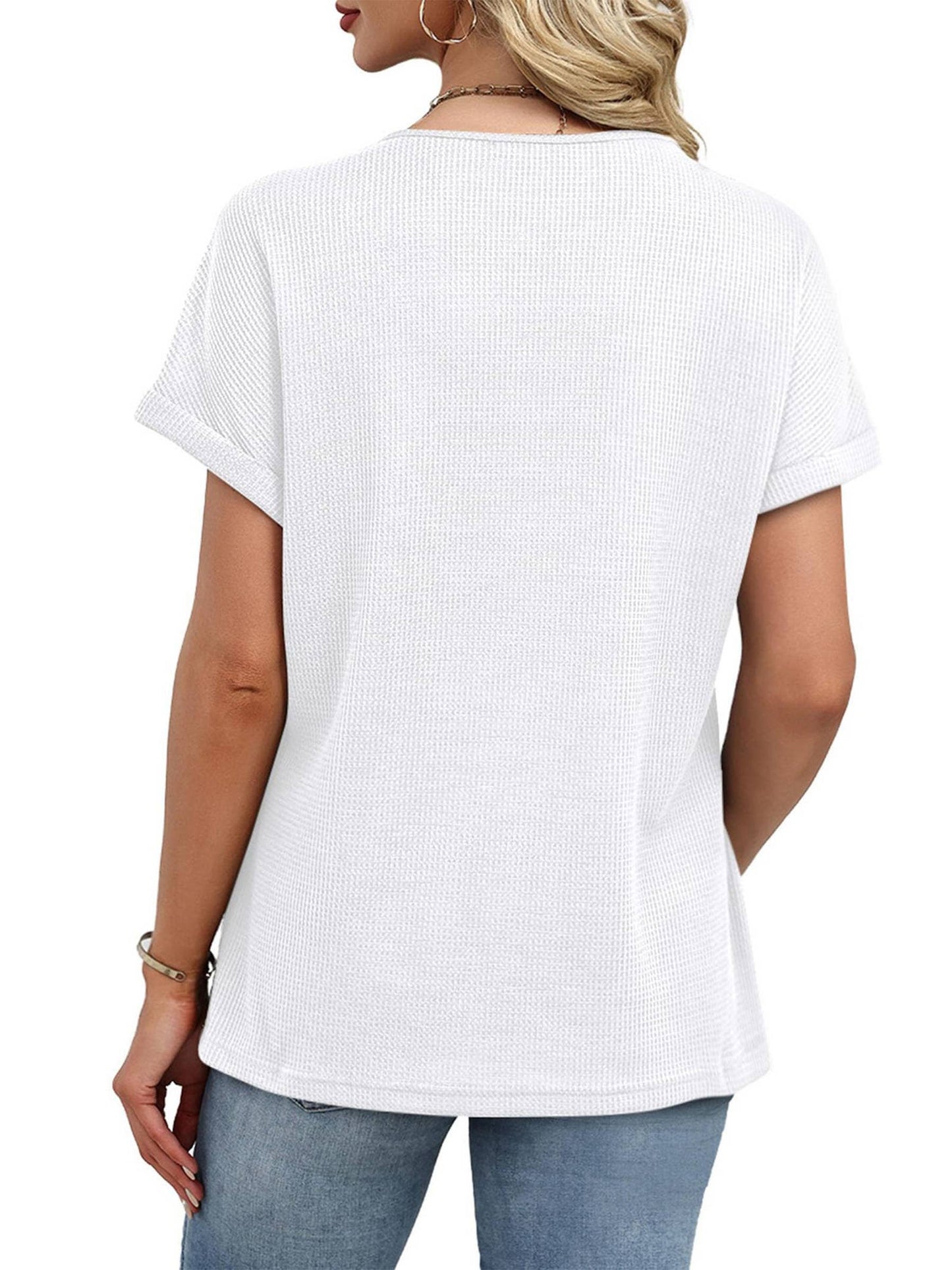 Women's Loose V-Neck Waffle Knit Short Sleeve T-Shirt