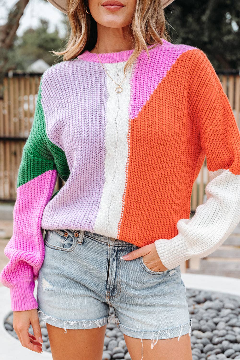 Colorblock Textured Knit Drop Shoulder Sweater