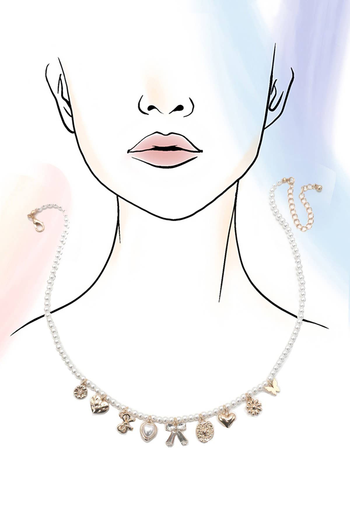 CHARM NECKLACE-BOW SUNFLOWER HEART PEARL CHAIN