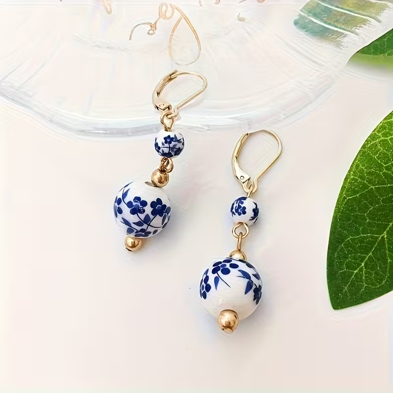 Vintage Blue Floral Bead Earrings
